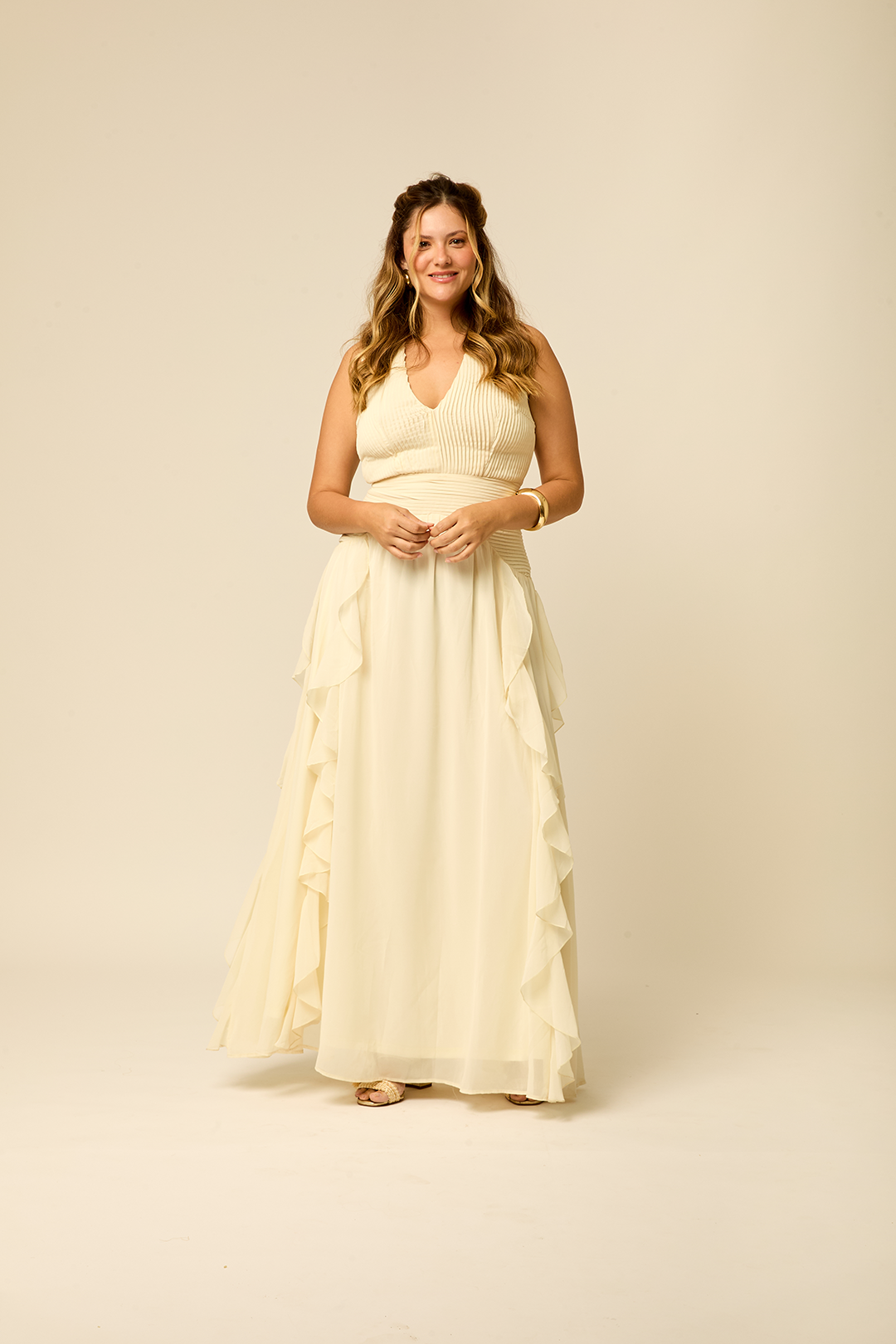 Vestido Alça Larga com Babado Off White