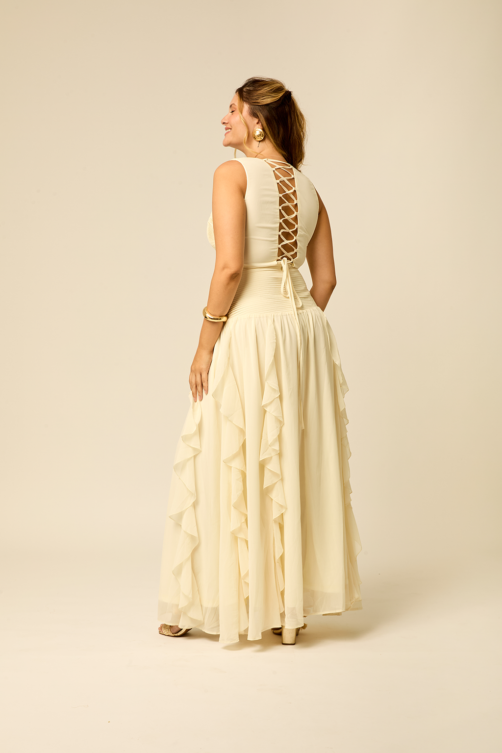 Vestido Alça Larga com Babado Off White